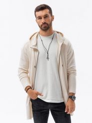 Długa bluza męska rozpinana z kapturem - kremowa V1 - Rozmiar: S. Białe bluzy męskie Ombre Clothing, m, bez wzorów, z bawełny, z kapturem. W wyprzedaży za 49.99 zł.
