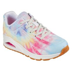 Buty Skechers Uno-Hyped Hippie 155362-WMLT wielokolorowe. Białe obuwie sportowe damskie bez wzorów, z gumy. Za 585.80 zł.