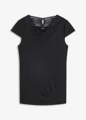 Koszulka z miękkiej wiskozy. Czarne t-shirty damskie bonprix, bez wzorów, z koronki, bez kołnierzyka. Za 37.99 zł.