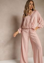 Różowy Komplet z Wiskozy w Stylu Oversize Szerokie Spodnie i Luźna Koszula na Guziki Natinne. Czerwone koszule damskie Renee, bez wzorów, z wiskozy. Za 129.99 zł.
