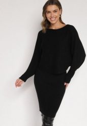 Czarny Dzianinowy Komplet Prążkowany Sukienka i Sweter o Kroju Nietoperz Wederela. Czarne sukienki damskie Born2be, na co dzień, m, bez wzorów, z dzianiny, eleganckie, bez kołnierzyka, bez ramiączek, dopasowane. Za 139.99 zł.