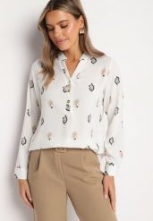 Biała Koszula Ozdobiona Wzorem Paisley Irinde. Białe bluzki damskie Born2be, l, bez wzorów, z jeansu, klasyczne, bez kołnierzyka, bez ramiączek. Za 54.99 zł.