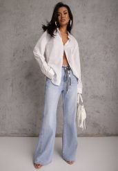 Niebieskie Szerokie Jeansy z Bawełny High Waist z Paskiem w Stylu Sznurówki Vetinia. Niebieskie jeansy damskie Renee, z podwyższonym stanem. Za 139.99 zł.