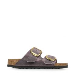 Damskie sandały duże klamry Arizona Big Buckle. Fioletowe sandały damskie Birkenstock, bez wzorów, z materiału, bez obcasa, bez zapięcia. Za 950.00 zł.