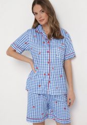 Niebiesko-Biały Komplet Piżamowy w Kratkę Koszula i Luźne Szorty Elitra. Niebieskie koszule nocne damskie Born2be, l, bez wzorów. Za 49.99 zł.