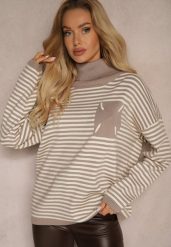 Beżowy Golf z Dodatkiem Bawełny w Paski z Prążkowanego Materiału z Naszywką Lerisara. Brązowe swetry damskie Renee, na zimę, z aplikacjami, z bawełny, bez kołnierzyka, bez ramiączek, bez kaptura. Za 129.99 zł.