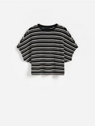 T-shirt kimono w paski - czarny. Czarne t-shirty damskie Reserved, l, bez wzorów, z bawełny, bez kołnierzyka. Za 69.99 zł.