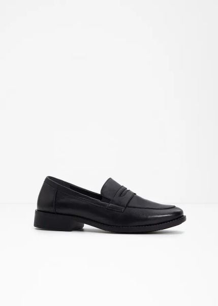 Półbuty skórzane loafer. Czarne półbuty damskie bonprix, bez wzorów, bez obcasa, bez zapięcia. Za 229.99 zł.
