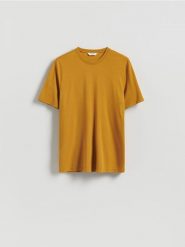 T-shirt regular z wiskozą - bursztynowy. Pomarańczowe t-shirty męskie Reserved, l, bez wzorów, z dzianiny, bez kołnierzyka. Za 89.99 zł.