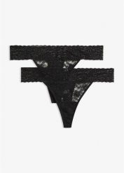 Stringi tanga z koronki (2 pary). Czarne stringi damskie bonprix, bez wzorów, z koronki. Za 52.99 zł.