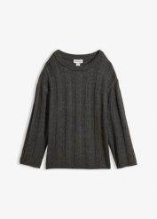 Sweter oversize z prążkowanej tkaniny. Szare swetry damskie bonprix, bez wzorów, prążkowane, bez kołnierzyka, bez ramiączek, bez kaptura. Za 109.99 zł.