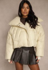 Beżowa Nietoperzowa Kurtka z Szerokim Kołnierzem i Ściągaczami Neavirae. Brązowe kurtki damskie Renee, l, bez wzorów, z jeansu, bez kaptura. Za 219.99 zł.