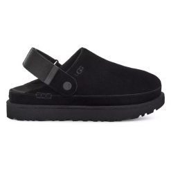 UGG Goldenstar Clog Klapki damskie. Czarne klapki damskie UGG, bez wzorów, z mikrofibry, biznesowe, bez obcasa, na platformie. Za 589.99 zł.