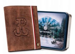 Skórzany portfel patriotyczny Peterson [DH] PTN 333PW brązowy. Brązowe portfele męskie Peterson, bez wzorów, z nubiku. Za 104.00 zł.