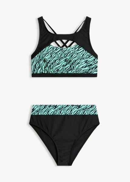 Bikini bustier z wycięciami (2 części). Zielone bikini damskie bonprix, bez wzorów. Za 59.99 zł.