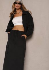 Czarny Komplet z Bawełną Spódnica i Rozpinana Bluza Evorea. Czarne bluzy damskie Renee, na lato, l, bez wzorów, z bawełny, proste. Za 249.99 zł.