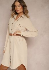 Beżowa Koszulowa Sukienka Ozdobiona Paskiem i Rękawem z Regulacją Esaviona. Brązowe sukienki damskie Renee, na co dzień, l, bez wzorów, z jeansu, eleganckie, bez kołnierzyka, bez ramiączek, dopasowane. Za 109.99 zł.