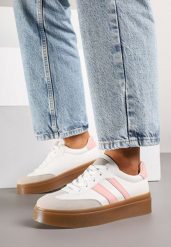 Biało-Różowe Sneakersy w Stylu Tenisówek z Paskami Nilomira. Białe obuwie sportowe damskie Born2be, bez wzorów, z jeansu, tenisowe. Za 84.99 zł.