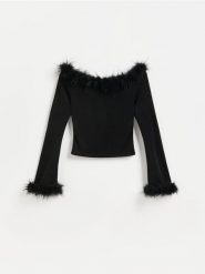 Bluzka z piórami - czarny. Czarne bluzki damskie Reserved, l, bez wzorów, z dzianiny, bez kołnierzyka, bez ramiączek. Za 139.99 zł.