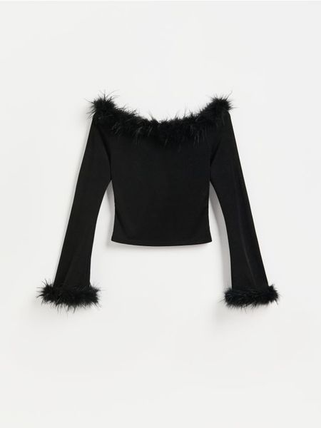 Bluzka z piórami - czarny. Czarne bluzki damskie Reserved, l, bez wzorów, z dzianiny, bez kołnierzyka, bez ramiączek. Za 139.99 zł.