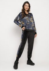 Granatowo-Czarny Komplet Dresowy Welurowy Bluza w Abstrakcyjny Wzór Spodnie z Lampasami Ivalaria. Niebieskie bluzy damskie Born2be, bez wzorów, z dresówki, bez kaptura. Za 129.99 zł.