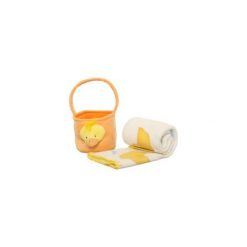 Pluszowy kocyk z koszykiem pomarańczowy. Brązowe kocyki dla dzieci Kemis. Za 24.99 zł.