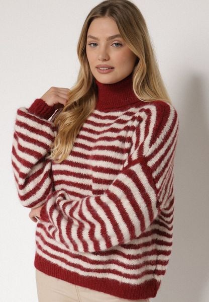 Bordowy Golf z Domieszką Wełny w Paski Monallia. Czerwone swetry damskie Born2be, m, bez wzorów, z jeansu, eleganckie, bez kołnierzyka, bez ramiączek, bez kaptura. Za 159.99 zł.