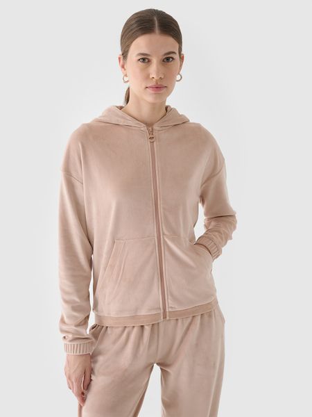 4F Bluza dresowa z weluru rozpinana z kapturem damska - beżowa S. Brązowe bluzy damskie 4f, s, bez wzorów, z dresówki, z kapturem. W wyprzedaży za 79.99 zł.