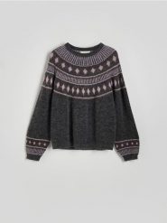 Sweter z dodatkiem moheru - wielobarwny. Swetry damskie Reserved, l, bez wzorów, z dzianiny, bez kołnierzyka, bez ramiączek, bez kaptura. W wyprzedaży za 99.99 zł.