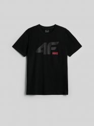 4F T-shirt regular z nadrukiem męski - czarny L. Czarne t-shirty męskie 4f, l, bez wzorów, z bawełny, klasyczne, bez kołnierzyka. Za 69.99 zł.