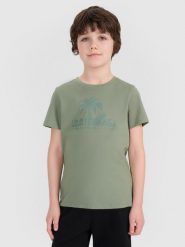 4F T-shirt regular z nadrukiem chłopięcy - turkusowy 140 (9-10 lat). Niebieskie t-shirty dla chłopców 4f, bez wzorów, z bawełny, bez ramiączek. W wyprzedaży za 29.99 zł.