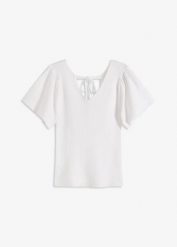 Sweter z prążkowanego materiału z mieszanki wiskozy. Białe bluzki damskie bonprix, bez wzorów, prążkowane, bez kołnierzyka, bez ramiączek. Za 79.99 zł.