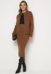 Brązowy Komplet Kardigan na Suwak i Spódnica z Gumką w Pasie Ciarose. Brązowe kardigany damskie Born2be, m, bez wzorów, eleganckie. Za 119.99 zł.