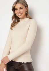 Beżowy Sweter z Wełną i Ozdobną Falbanką przy Dekolcie Seanoria. Brązowe swetry damskie Born2be, l, z aplikacjami, z jeansu, eleganckie, bez kołnierzyka, bez ramiączek, bez kaptura. Za 84.99 zł.