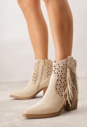 Beżowe Ażurowe Botki Typu Kowbojki na Stożku Ozdobione Frędzlami Pentora. Brązowe botki damskie Renee, z jeansu, bez obcasa, na obcasie, bez zapięcia. Za 169.99 zł.