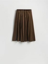 Spódnica midi z paskiem - ciemnobrązowy. Brązowe spódnice damskie Reserved, l, bez wzorów, z bawełny, midi, rozkloszowane. Za 139.99 zł.