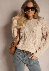 Beżowy Sweter z Wełną i Wiskozą Ozdobiony Tłoczeniem i Kulkami Vaiannae. Brązowe swetry damskie Renee, na zimę, m, bez wzorów, z wełny, casualowe, bez kołnierzyka, bez ramiączek, bez kaptura. Za 84.99 zł.
