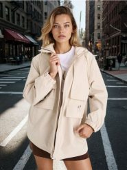 Kurtka parka z kapturem i kieszeniami z twillu - kremowy. Białe kurtki damskie Sinsay, l, bez wzorów, z kapturem. Za 119.99 zł.