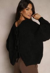 Czarny Kardigan z Wełną o Kroju Oversize z Wiązanymi Kokardami Elearina. Czarne kardigany damskie Renee, bez wzorów, z jeansu, eleganckie. Za 139.99 zł.
