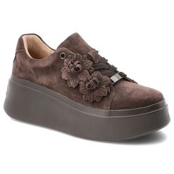 Sneakersy damskie Filippo o sznurowanym fasonie z ozdobnymi kwiatami i wysoką masywną platformą ciemnobrązowe, DP7987/26 D BR. Brązowe półbuty damskie Filippo, bez wzorów, z jeansu, eleganckie, bez obcasa, na platformie, bez zapięcia. Za 239.00 zł.