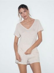 Piżama z lnem i wiskozą - kremowy. Białe piżamy damskie Reserved, l, bez wzorów, z dzianiny, bez ramiączek. Za 139.99 zł.