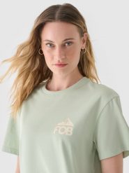 4F T-shirt regular z nadrukiem damski - khaki XS. Brązowe koszulki sportowe damskie 4f, xs, bez wzorów, z bawełny, klasyczne, bez kołnierzyka. W wyprzedaży za 19.99 zł.