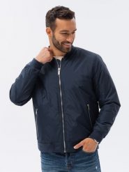 Kurtka męska bomberka - granatowa V19. Niebieskie kurtki męskie Ombre Clothing, l, bez wzorów, bez kaptura. W wyprzedaży za 99.99 zł.