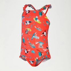 Strój pływacki jednoczęściowy dziecięcy Speedo Digital Frill Thinstrap. Brązowe stroje kąpielowe dla dziewczynek Speedo, bez wzorów, z elastanu. Za 73.99 zł.