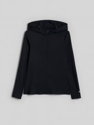 4F Longsleeve slim z kapturem damski - czarny L. Czarne koszulki sportowe damskie 4f, l, bez wzorów, z dresówki, bez kołnierzyka, bez ramiączek, trekkingowe. Za 169.99 zł.