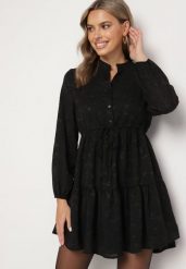 Czarna Rozkloszowana Sukienka z Tkaniny Plumeti ze Ściągaczem w Talii i Falbanką Ilisia. Czarne sukienki damskie Born2be, s, bez wzorów, z tkaniny, boho, bez kołnierzyka, bez ramiączek, mini, rozkloszowane. Za 69.99 zł.