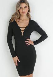 Czarna Sukienka Mini z Głębokim Dekoltem Zdobionym Paseczkami Fancyone. Czarne sukienki damskie Born2be, l, z aplikacjami, bez kołnierzyka, bez ramiączek, mini, dopasowane. Za 159.99 zł.