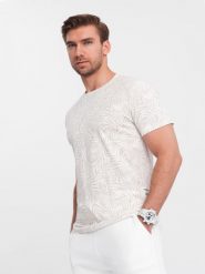 T-shirt męski fullprint w liście palmy - jasnobeżowy V1 OM-TSFP-0182 - XXL. Brązowe t-shirty męskie Ombre Clothing, l, bez wzorów, z bawełny, wizytowe, bez kołnierzyka. Za 77.99 zł.