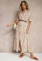 Ciemnobeżowa Wiskozowa Sukienka o Pudełkowym Fasonie w Ornamentalny Print Ridinna. Brązowe sukienki damskie Renee, na co dzień, na lato, l, bez wzorów, z wiskozy, eleganckie, bez kołnierzyka, bez ramiączek, maxi, kopertowe. Za 54.99 zł.