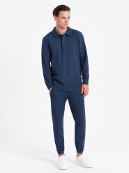 Komplet męski dresowy bluza z kołnierzem polo + spodnie - granatowy V5 Z71 - XL. Niebieskie bluzy męskie Ombre Clothing, m, bez wzorów, z bawełny, bez kaptura. Za 209.99 zł.